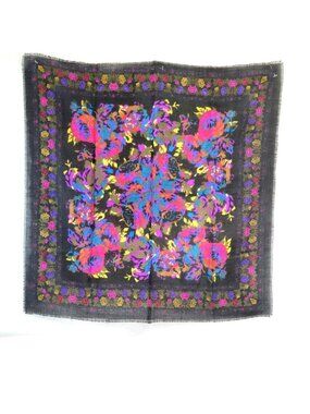 Vtg Challis by Berkshire Floral Scarf - 100% Acrylic Japan - Neon Pink Blue Rose